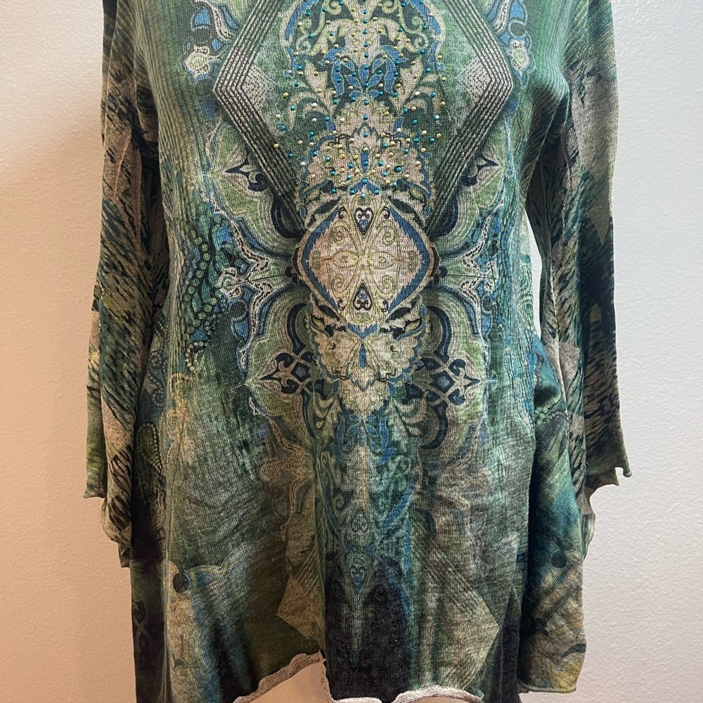 One World Paisley Tunic Top M Green Multi Embellished Asymmetric Hem bohemian - Picture 3 of 6